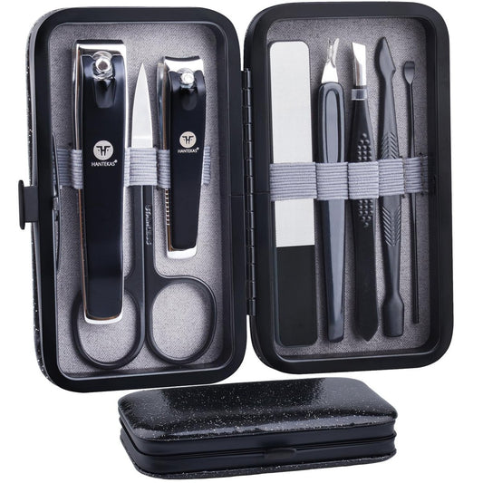 HANTEKAS Maniküre-Pediküre-Set 8-teilig – Edelstahl Nagelknipser-Set mit Ledertasche für Zuhause, Reisen und Geschenke