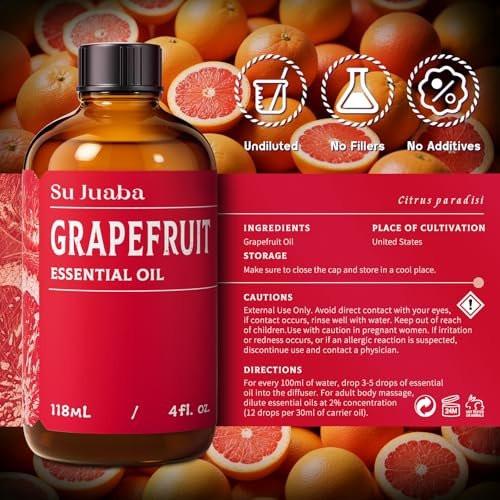 SU JUABA Grapefruit Essential Oil 4 Fl Oz, 100% Pure Natural für Massage, Diffuser, Aromatherapie, Haar- & Hautpflege – 118 ml