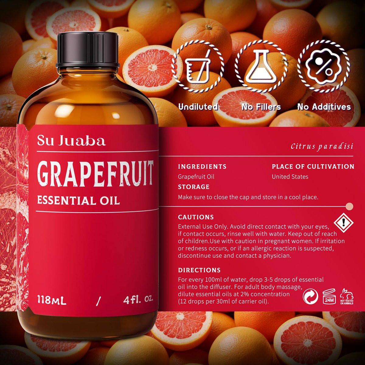 SU JUABA Grapefruit Essential Oil 4 Fl Oz, 100% Pure Natural für Massage, Diffuser, Aromatherapie, Haar- & Hautpflege – 118 ml