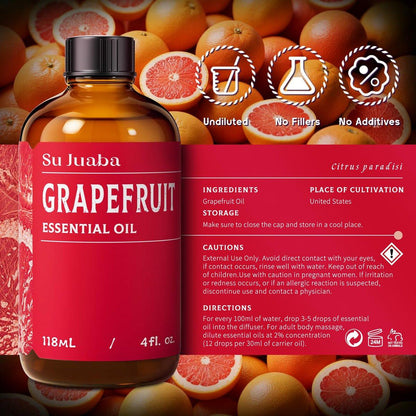 SU JUABA Grapefruit Essential Oil 4 Fl Oz, 100% Pure Natural für Massage, Diffuser, Aromatherapie, Haar- & Hautpflege – 118 ml