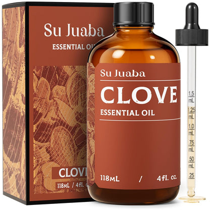 SU JUABA Nelkenöl 4 Unzen, 100% reines & natürliches Aromatherapieöl für Mundpflege, Zähne & Zahnfleisch, Diffuser, Haut, Haare - 118 ml