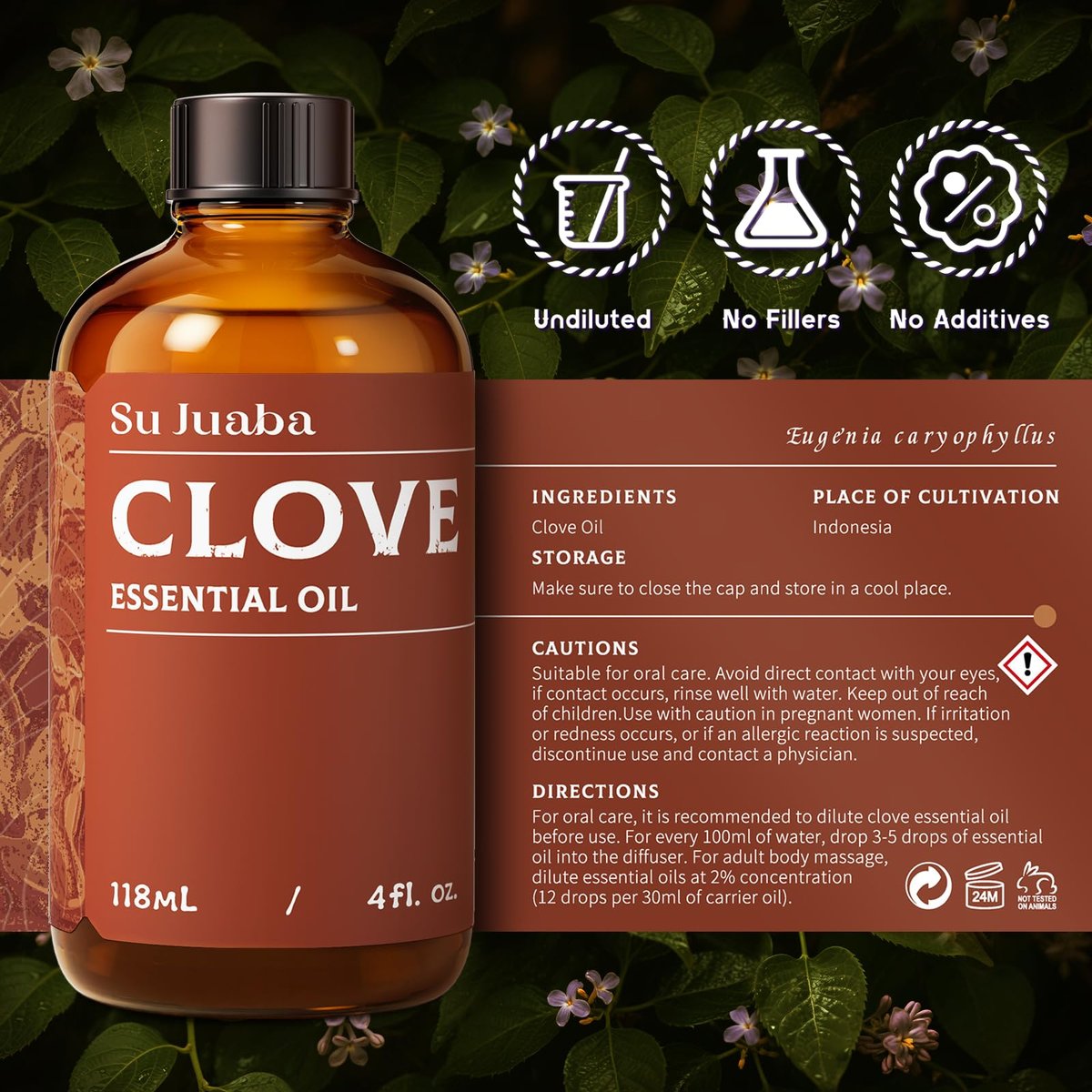 SU JUABA Nelkenöl 4 Unzen, 100% reines & natürliches Aromatherapieöl für Mundpflege, Zähne & Zahnfleisch, Diffuser, Haut, Haare - 118 ml