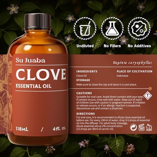 SU JUABA Nelkenöl 4 Unzen, 100% reines & natürliches Aromatherapieöl für Mundpflege, Zähne & Zahnfleisch, Diffuser, Haut, Haare - 118 ml