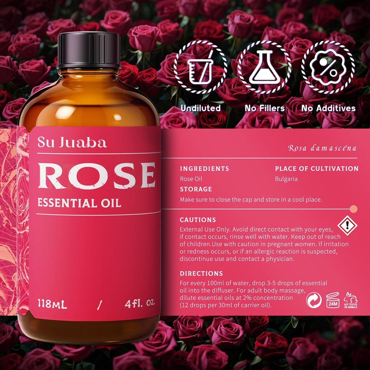 SU JUABA Rosenöl 118 ml – 100% reines Rosenöl für Gesicht, Haut, Haare, Diffuser & Aromatherapie