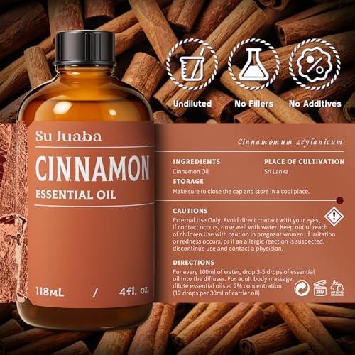 SU JUABA Zimtöl 118 ml, 100% reines Naturöl für Diffuser, Massage, Hautpflege, Aromatherapie, DIY-Kerzen, Seifen & Haushaltsreinigung
