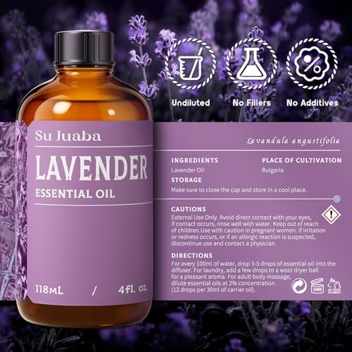 SU JUABA Lavendel Ätherisches Öl 118 ml – 100 % reines Naturöl für Diffuser, Hautpflege, Entspannung, Schlaf & Trocknerbälle