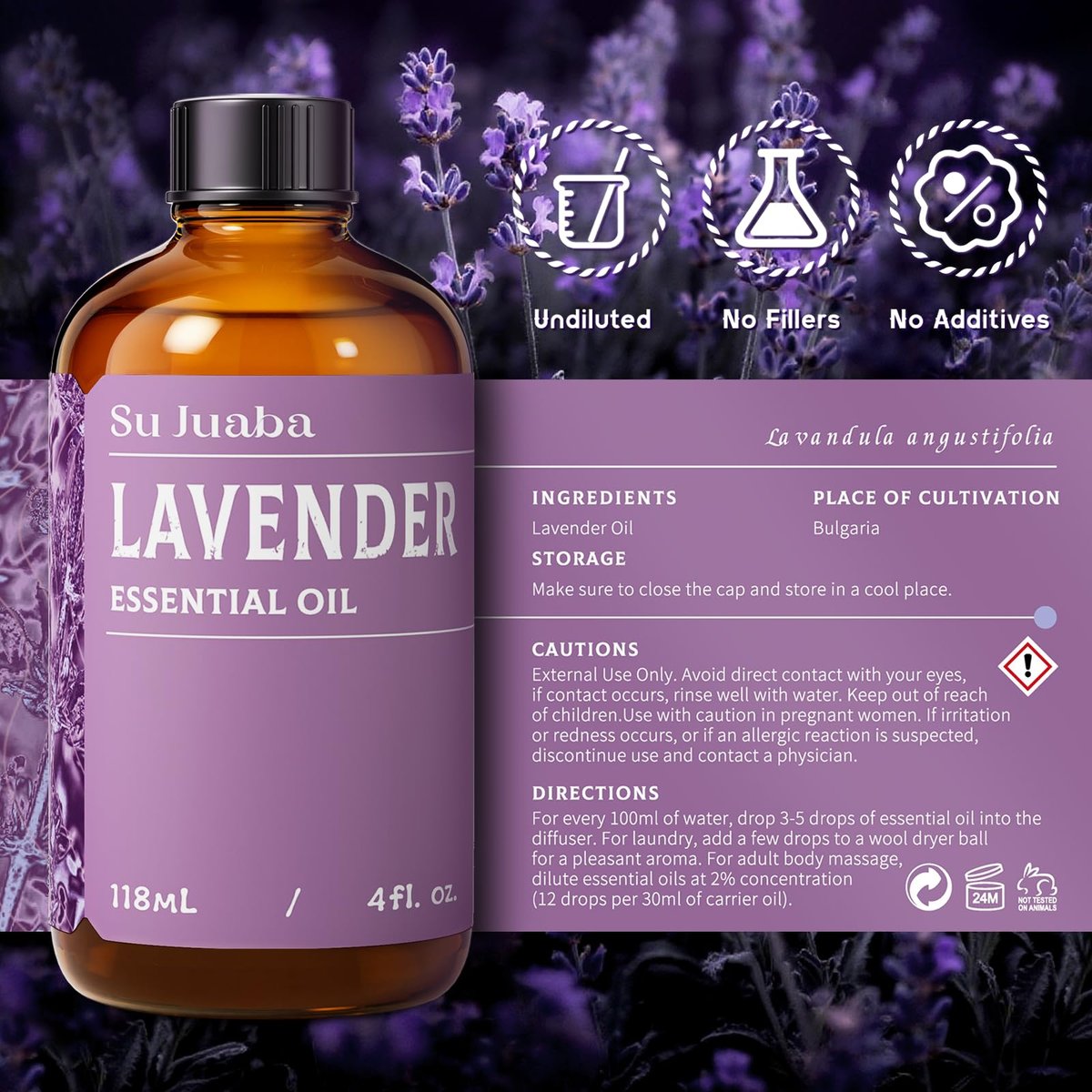 SU JUABA Lavendel Ätherisches Öl 118 ml – 100 % reines Naturöl für Diffuser, Hautpflege, Entspannung, Schlaf & Trocknerbälle