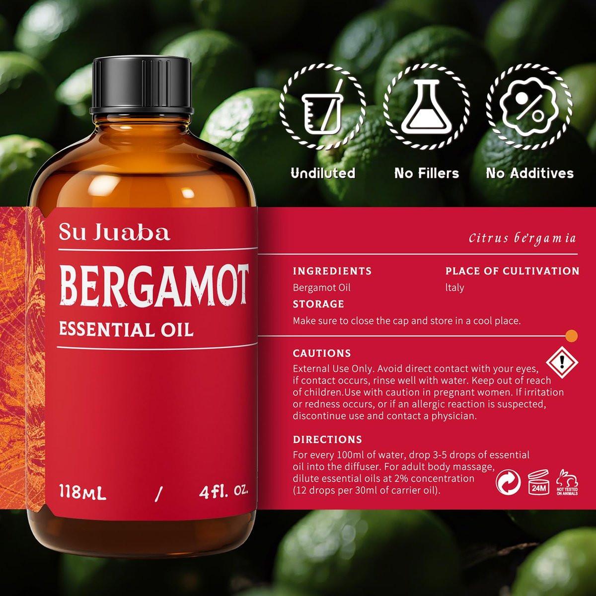 SU JUABA Bergamot-Öl 118 ml – 100% reines natürliches ätherisches Öl für Aromatherapie, Diffuser, Haut und Haare