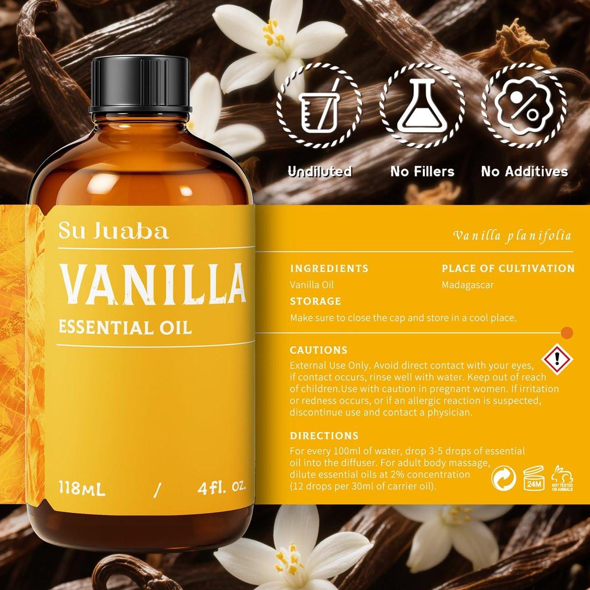 SU JUABA Vanille Ätherisches Öl 118 ml - 100% Natürliches Aromatherapieöl für Diffuser, Hautpflege, Duftkerzen und Seifenherstellung