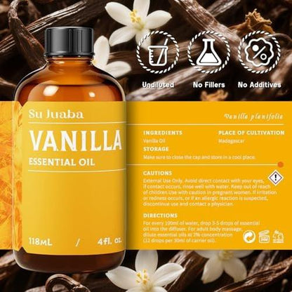 SU JUABA Vanille Ätherisches Öl 118 ml - 100% Natürliches Aromatherapieöl für Diffuser, Hautpflege, Duftkerzen und Seifenherstellung
