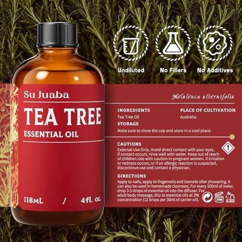 SU JUABA Teebaumöl 118 ml - 100% natürliches ätherisches Öl für Nägel, Haut, Gesicht, Haare und Shampoo