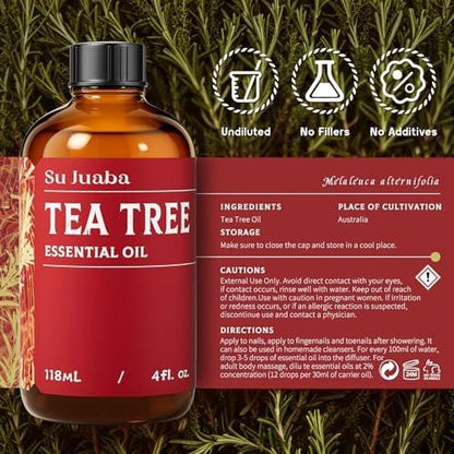 SU JUABA Teebaumöl 118 ml - 100% natürliches ätherisches Öl für Nägel, Haut, Gesicht, Haare und Shampoo