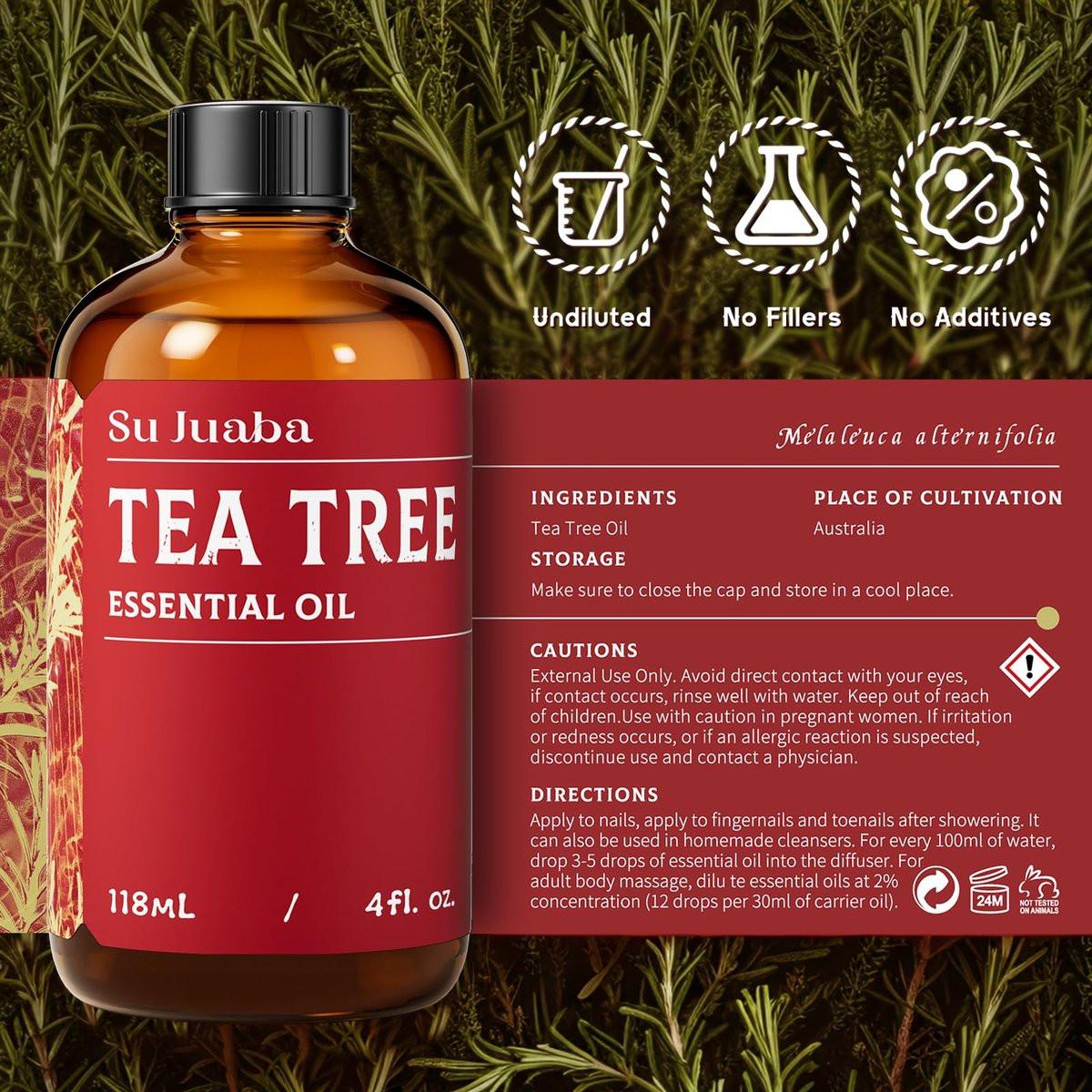SU JUABA Teebaumöl 118 ml - 100% natürliches ätherisches Öl für Nägel, Haut, Gesicht, Haare und Shampoo