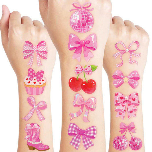 96 Stück rosa Schleifen temporäre Tattoos für Kinder - Niedliche Motive für Geburtstagsfeiern, Schulbelohnungen, Geschenke