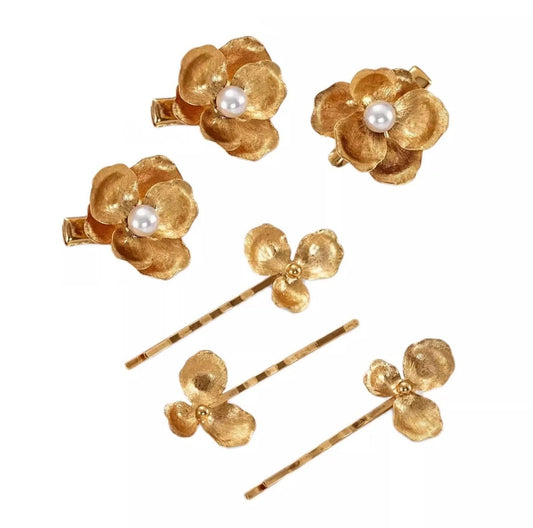 6-teiliger Vintage Gold Haarschmuck – Retro Perlenblumen Haarspangen und Haarnadeln Set aus Metall