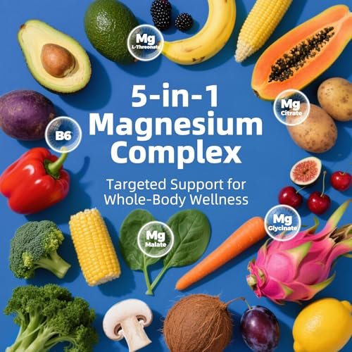 5-in-1 Magnesium Komplex mit Glycinat, Citrat, Malat & L-Threonat, 976 mg, Vitamin B6, hoch absorbierbar, glutenfrei, vegan, 90 Kapseln