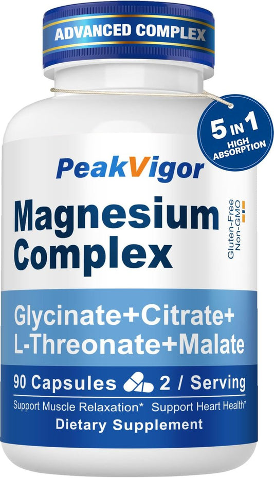 5-in-1 Magnesium Komplex mit Glycinat, Citrat, Malat & L-Threonat, 976 mg, Vitamin B6, hoch absorbierbar, glutenfrei, vegan, 90 Kapseln