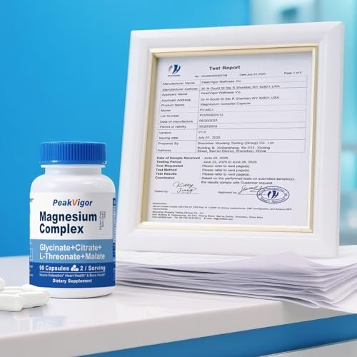 5-in-1 Magnesium Komplex mit Glycinat, Citrat, Malat & L-Threonat, 976 mg, Vitamin B6, hoch absorbierbar, glutenfrei, vegan, 90 Kapseln