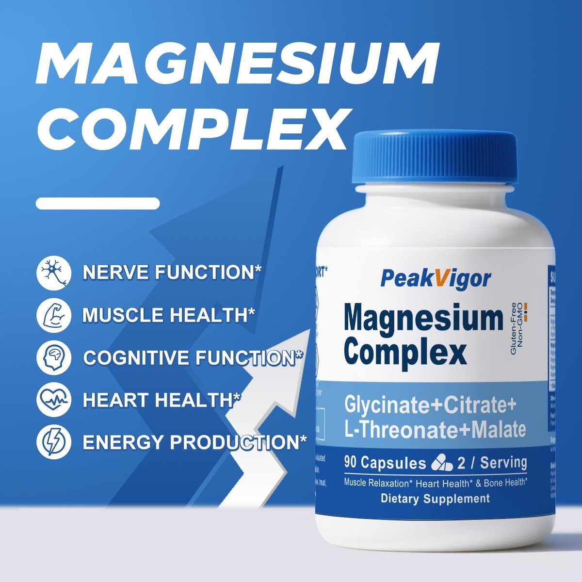 5-in-1 Magnesium Komplex mit Glycinat, Citrat, Malat & L-Threonat, 976 mg, Vitamin B6, hoch absorbierbar, glutenfrei, vegan, 90 Kapseln