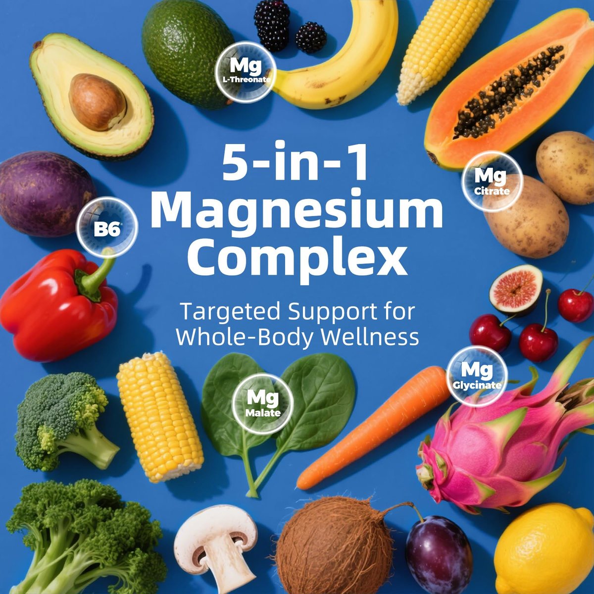 5-in-1 Magnesium Komplex mit Glycinat, Citrat, Malat & L-Threonat, 976 mg, Vitamin B6, hoch absorbierbar, glutenfrei, vegan, 90 Kapseln