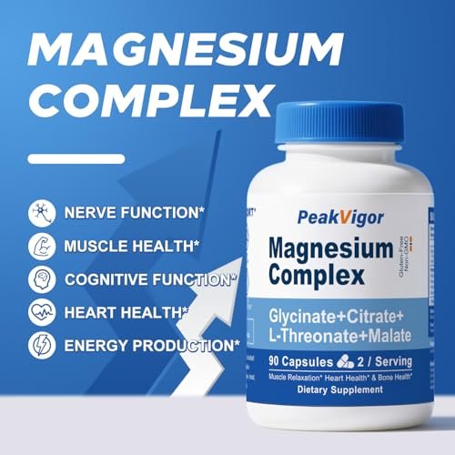 5-in-1 Magnesium Komplex mit Glycinat, Citrat, Malat & L-Threonat, 976 mg, Vitamin B6, hoch absorbierbar, glutenfrei, vegan, 90 Kapseln