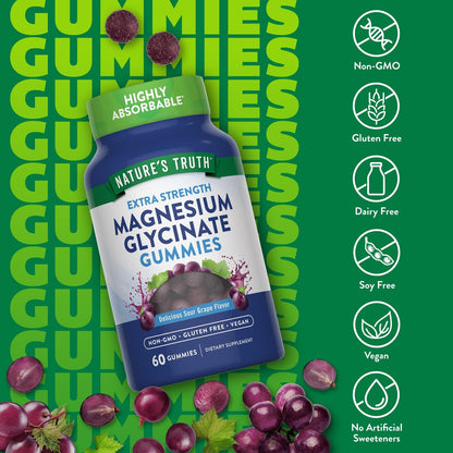 Nature's Truth Magnesium Glycinat Gummibärchen | 60 Stück | Sauerer Traubengeschmack | Vegan, Nicht-GVO & Glutenfrei
