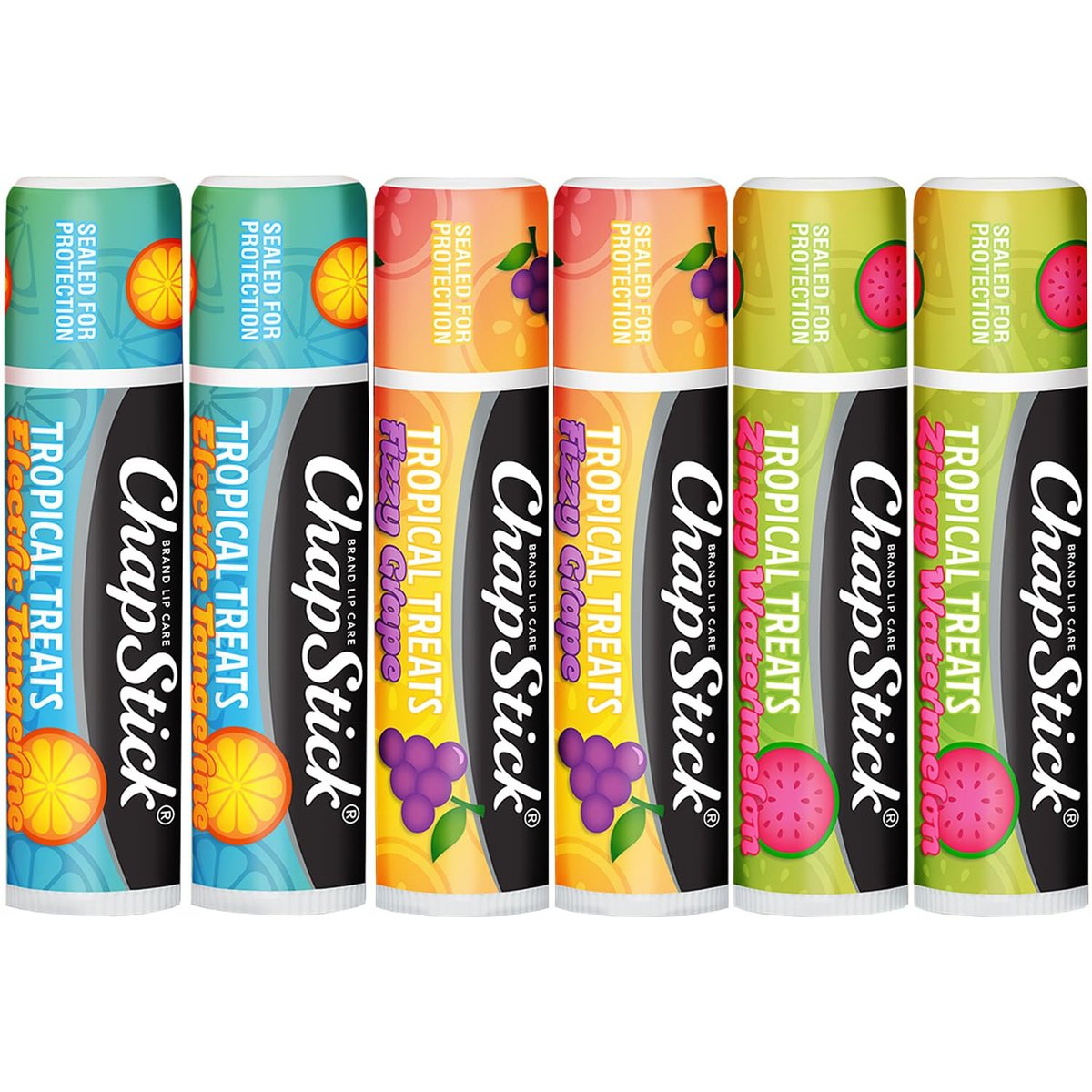 ChapStick Lippenpflege Tropical Treats Kollektion (6 Sticks) – Elektrische Mandarine, Sprudelnde Traube & Spritzige Wassermelone Lippenbalsam, 0,15 Oz pro Stick