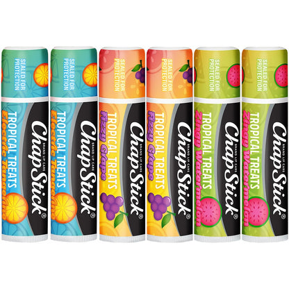 ChapStick Lippenpflege Tropical Treats Kollektion (6 Sticks) – Elektrische Mandarine, Sprudelnde Traube & Spritzige Wassermelone Lippenbalsam, 0,15 Oz pro Stick