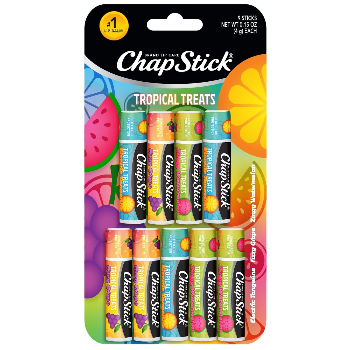 ChapStick Lippenpflege Tropical Treats Kollektion (9 Sticks) – Electric Tangerine, Fizzy Grape & Zingy Watermelon Lippenbalsam, je 0,15 Unzen