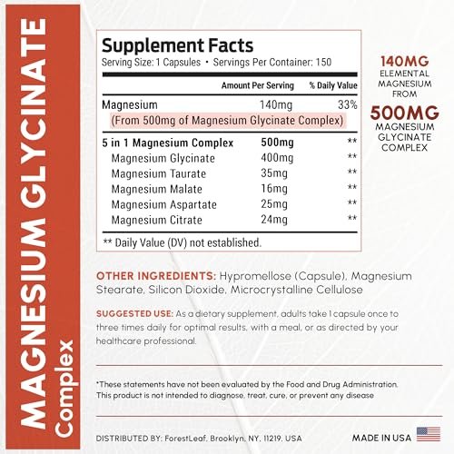 Magnesiumglycinat 500mg Komplex – Magnesium Kapseln für Schlaf & Ruhe – Nicht-GVO, 3rd Party getestet – 150 Kapseln für Frauen & Männer von ForestLeaf