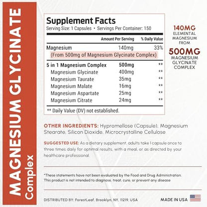 Magnesiumglycinat 500mg Komplex – Magnesium Kapseln für Schlaf & Ruhe – Nicht-GVO, 3rd Party getestet – 150 Kapseln für Frauen & Männer von ForestLeaf