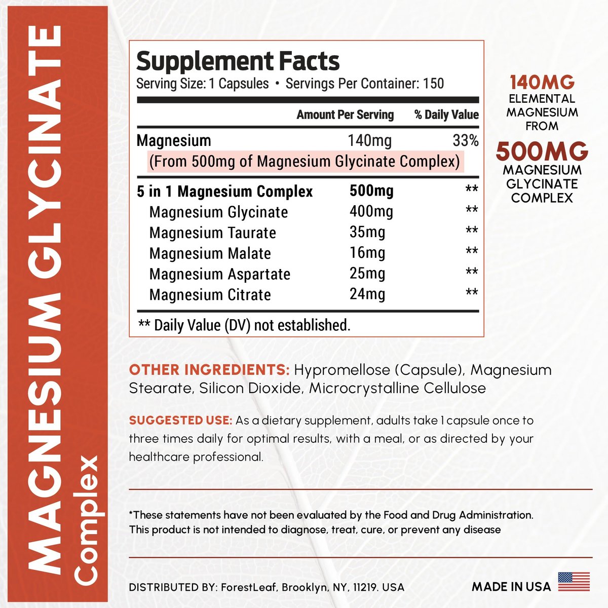 Magnesiumglycinat 500mg Komplex – Magnesium Kapseln für Schlaf & Ruhe – Nicht-GVO, 3rd Party getestet – 150 Kapseln für Frauen & Männer von ForestLeaf