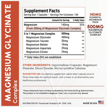 Magnesiumglycinat 500mg Komplex – Magnesium Kapseln für Schlaf & Ruhe – Nicht-GVO, 3rd Party getestet – 150 Kapseln für Frauen & Männer von ForestLeaf