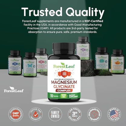 Magnesiumglycinat 500mg Komplex – Magnesium Kapseln für Schlaf & Ruhe – Nicht-GVO, 3rd Party getestet – 150 Kapseln für Frauen & Männer von ForestLeaf