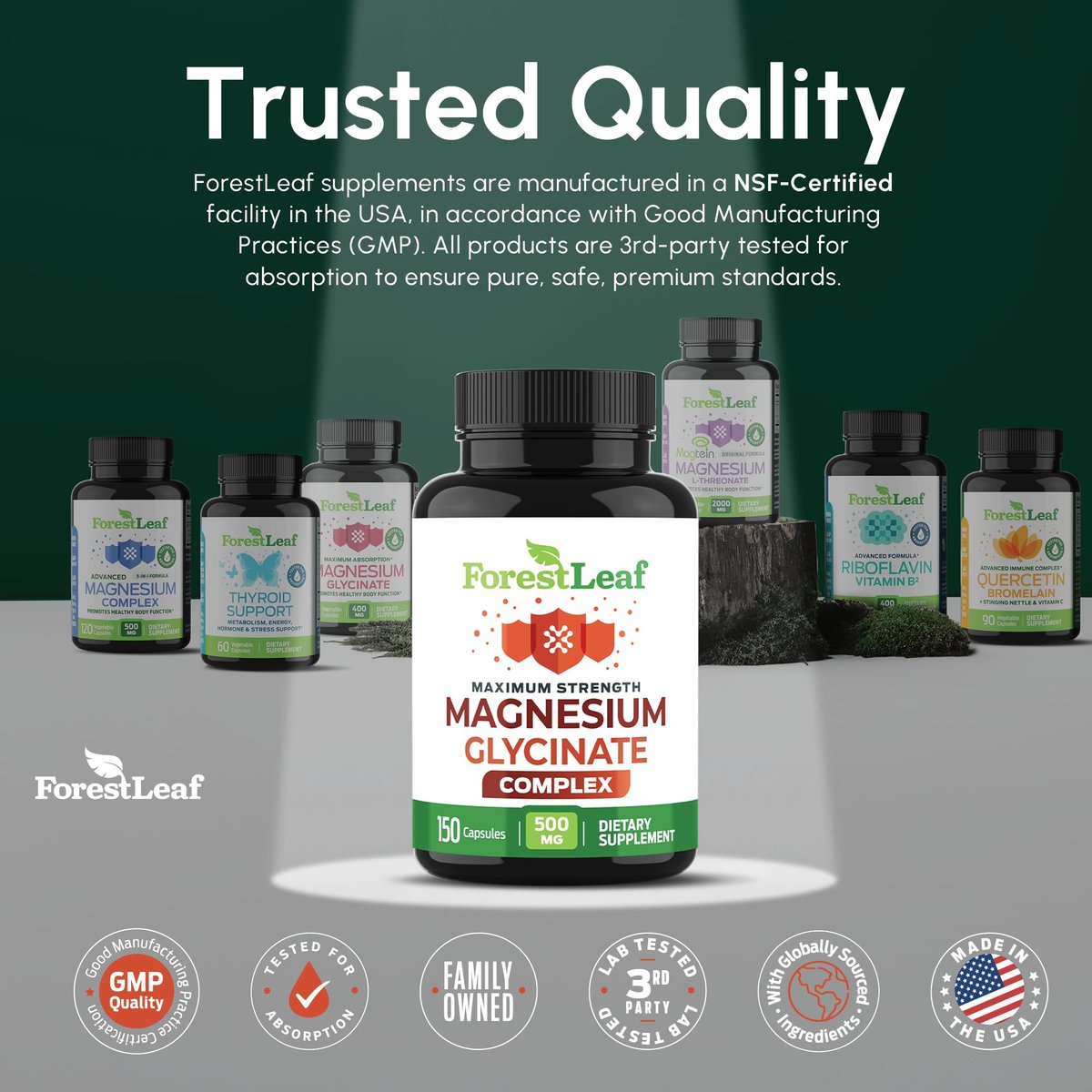 Magnesiumglycinat 500mg Komplex – Magnesium Kapseln für Schlaf & Ruhe – Nicht-GVO, 3rd Party getestet – 150 Kapseln für Frauen & Männer von ForestLeaf
