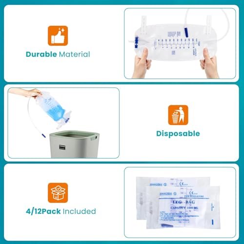 FURWEY 4er-Pack Beinbeutel, 1000 ml, 45 cm Schlauch mit Rückflussventil, einzeln versiegelt & Einweg, rutschfester verstellbarer elastischer Beingurt, Einhand-Ablassventil