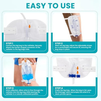 FURWEY 4er-Pack Beinbeutel, 1000 ml, 45 cm Schlauch mit Rückflussventil, einzeln versiegelt & Einweg, rutschfester verstellbarer elastischer Beingurt, Einhand-Ablassventil