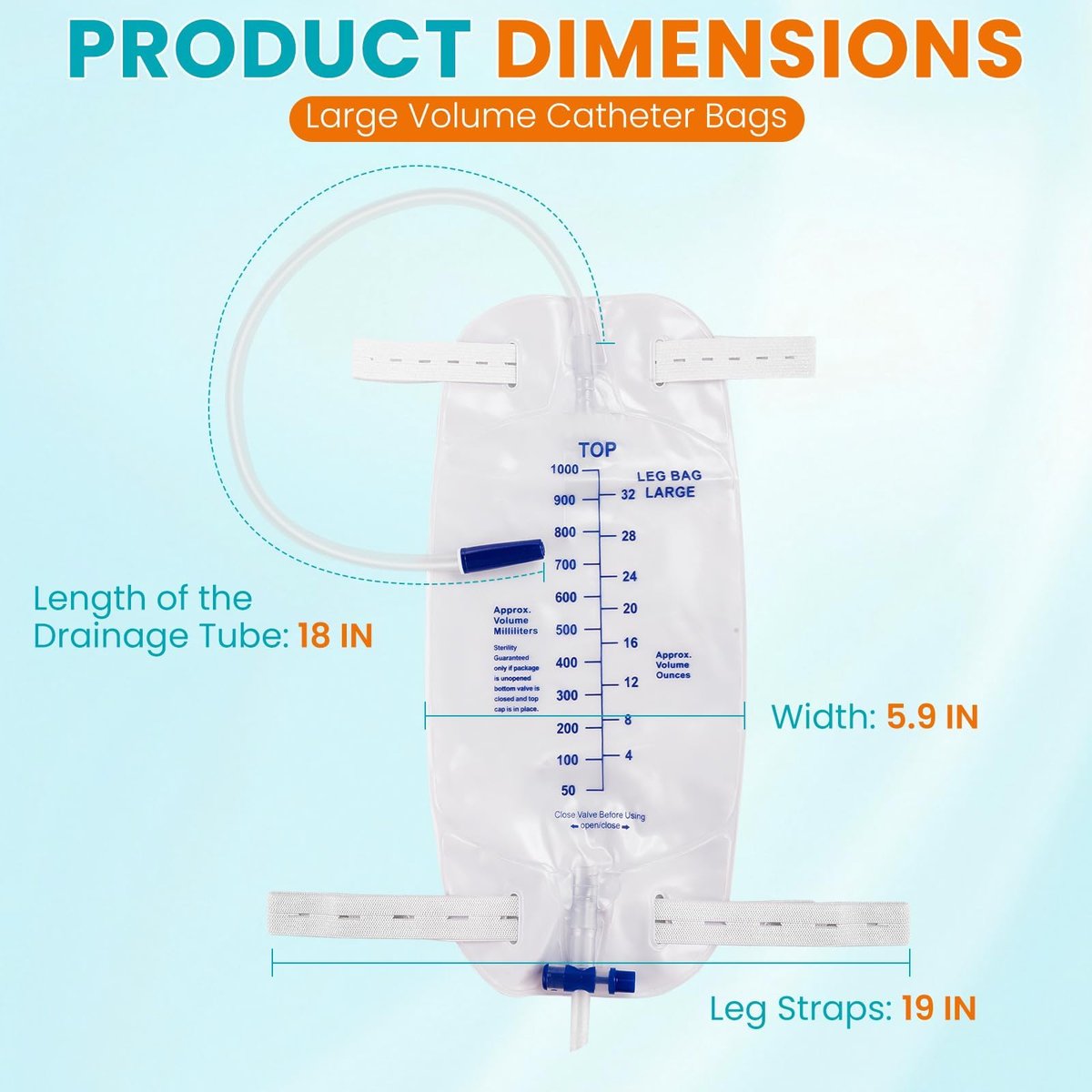 FURWEY 4er-Pack Beinbeutel, 1000 ml, 45 cm Schlauch mit Rückflussventil, einzeln versiegelt & Einweg, rutschfester verstellbarer elastischer Beingurt, Einhand-Ablassventil