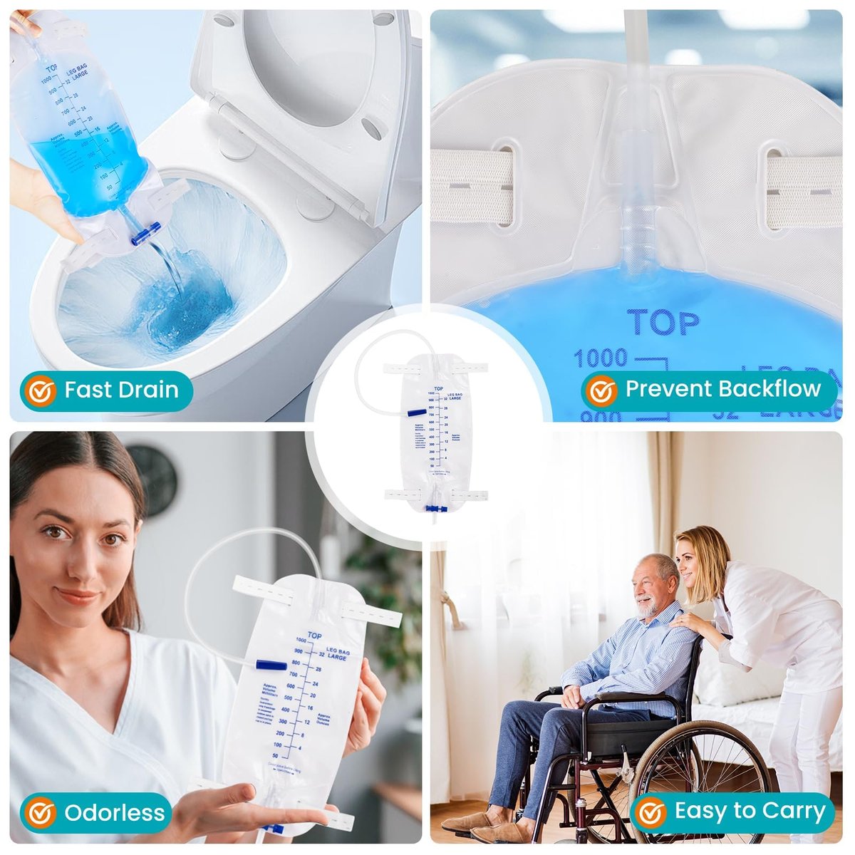 FURWEY 4er-Pack Beinbeutel, 1000 ml, 45 cm Schlauch mit Rückflussventil, einzeln versiegelt & Einweg, rutschfester verstellbarer elastischer Beingurt, Einhand-Ablassventil