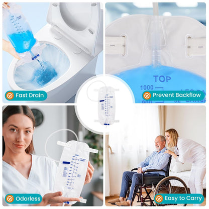 FURWEY 4er-Pack Beinbeutel, 1000 ml, 45 cm Schlauch mit Rückflussventil, einzeln versiegelt & Einweg, rutschfester verstellbarer elastischer Beingurt, Einhand-Ablassventil