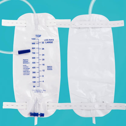 FURWEY 4er-Pack Beinbeutel, 1000 ml, 45 cm Schlauch mit Rückflussventil, einzeln versiegelt & Einweg, rutschfester verstellbarer elastischer Beingurt, Einhand-Ablassventil