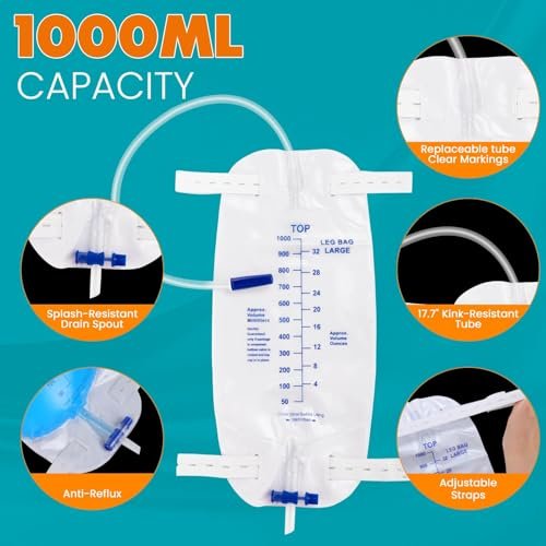 FURWEY 4er-Pack Beinbeutel, 1000 ml, 45 cm Schlauch mit Rückflussventil, einzeln versiegelt & Einweg, rutschfester verstellbarer elastischer Beingurt, Einhand-Ablassventil