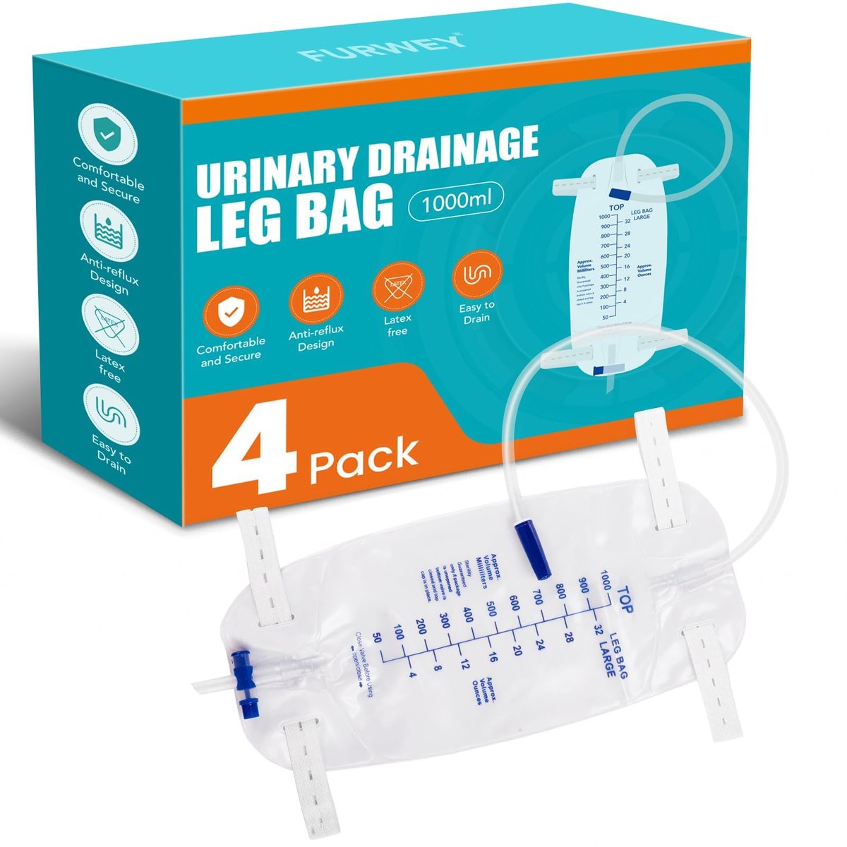 FURWEY 4er-Pack Beinbeutel, 1000 ml, 45 cm Schlauch mit Rückflussventil, einzeln versiegelt & Einweg, rutschfester verstellbarer elastischer Beingurt, Einhand-Ablassventil