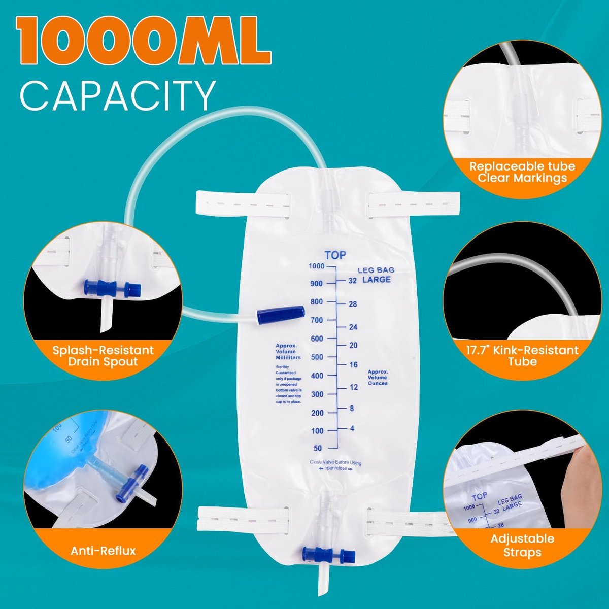 FURWEY 4er-Pack Beinbeutel, 1000 ml, 45 cm Schlauch mit Rückflussventil, einzeln versiegelt & Einweg, rutschfester verstellbarer elastischer Beingurt, Einhand-Ablassventil