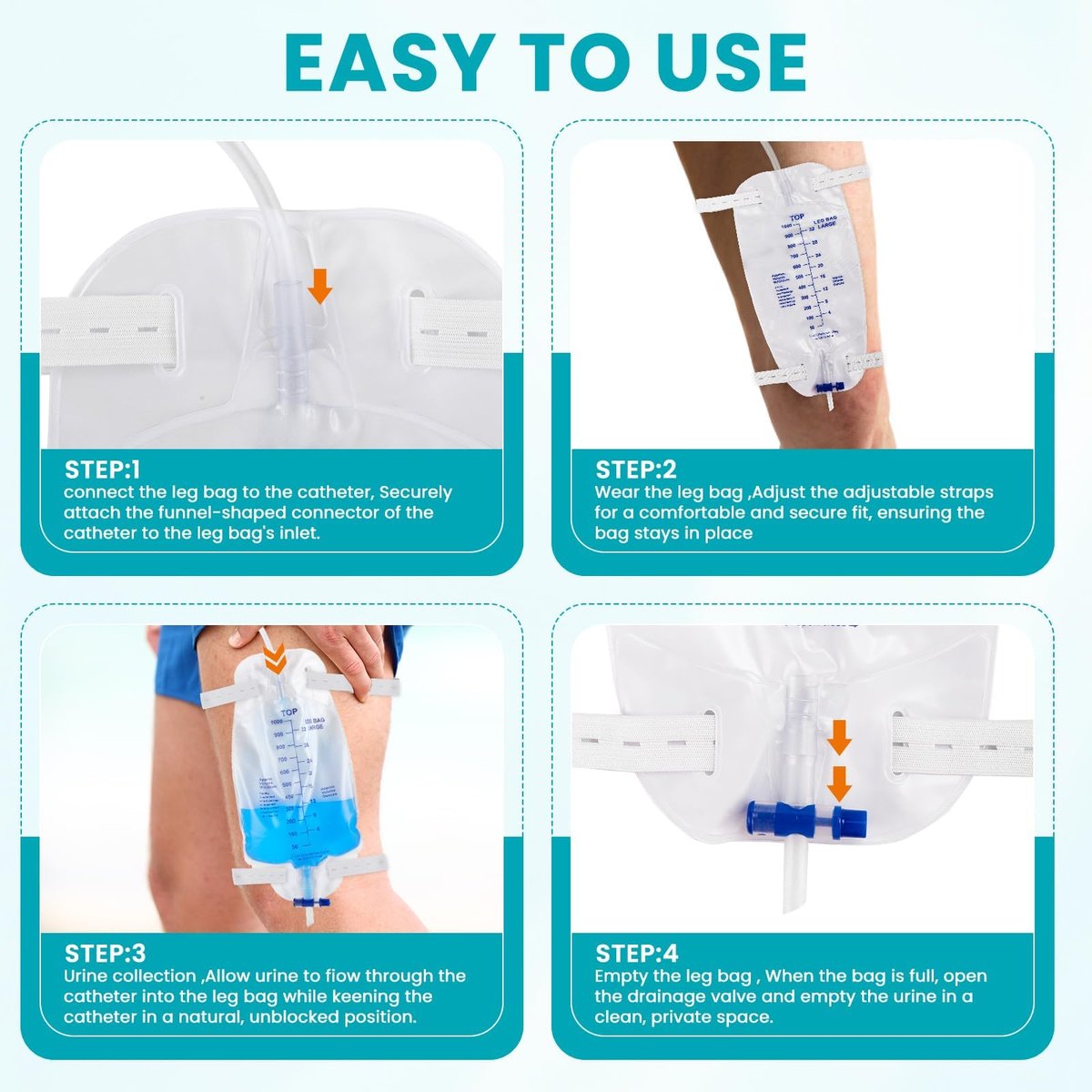 FURWEY 4er-Pack Beinbeutel, 1000 ml, 45 cm Schlauch mit Rückflussventil, einzeln versiegelt & Einweg, rutschfester verstellbarer elastischer Beingurt, Einhand-Ablassventil