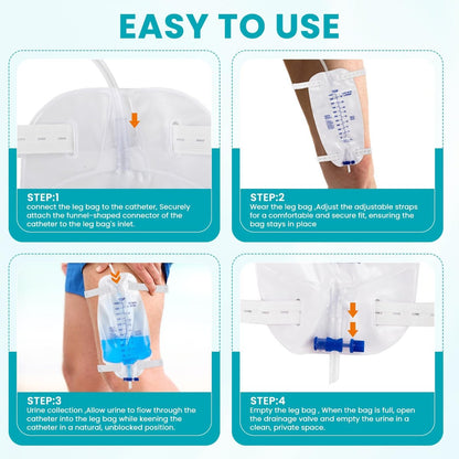 FURWEY 4er-Pack Beinbeutel, 1000 ml, 45 cm Schlauch mit Rückflussventil, einzeln versiegelt & Einweg, rutschfester verstellbarer elastischer Beingurt, Einhand-Ablassventil