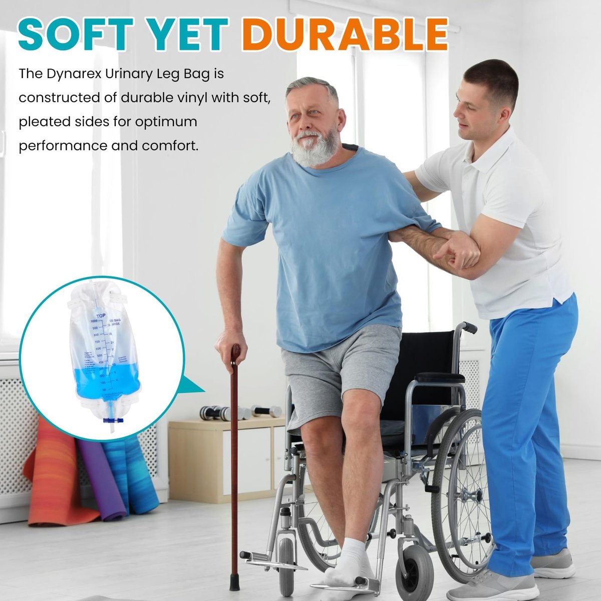 FURWEY 4er-Pack Beinbeutel, 1000 ml, 45 cm Schlauch mit Rückflussventil, einzeln versiegelt & Einweg, rutschfester verstellbarer elastischer Beingurt, Einhand-Ablassventil