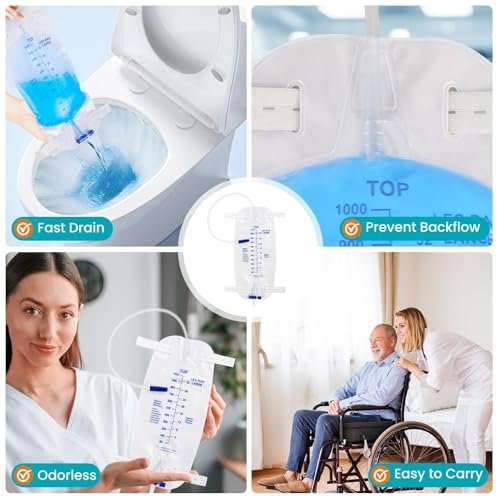 FURWEY 4er-Pack Beinbeutel, 1000 ml, 45 cm Schlauch mit Rückflussventil, einzeln versiegelt & Einweg, rutschfester verstellbarer elastischer Beingurt, Einhand-Ablassventil