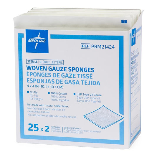 Medline Woven Sterile 12-Lagige Mullkompressen, USP Typ VII, 10 cm x 10 cm im 2er-Pack