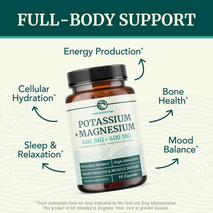 Kalium-Magnesium Komplex | Hochdosiert für Herzgesundheit & Muskelunterstützung | 400 mg Kalium + 400 mg Magnesium | Energie, Knochengesundheit, Schlaf & Stimmung | 90 Kapseln
